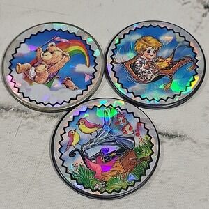 Vintage 90s Pogs Holographic Slammers Heavyweight Lot Of 3 Phonograph Teddy Bear